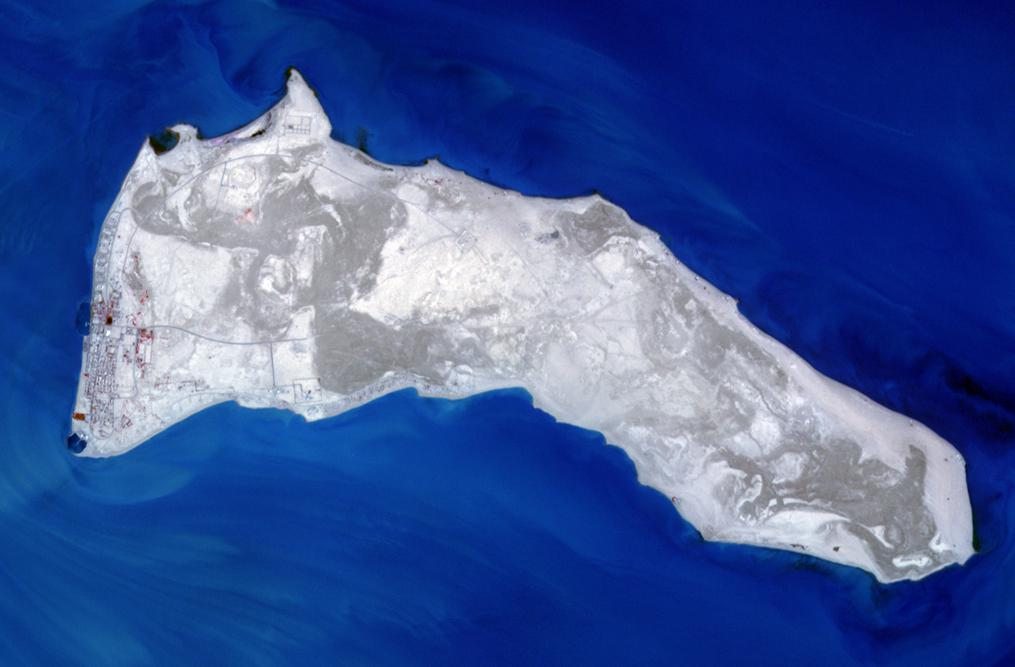 Satellite image of Failaka Island surrounded by blue water