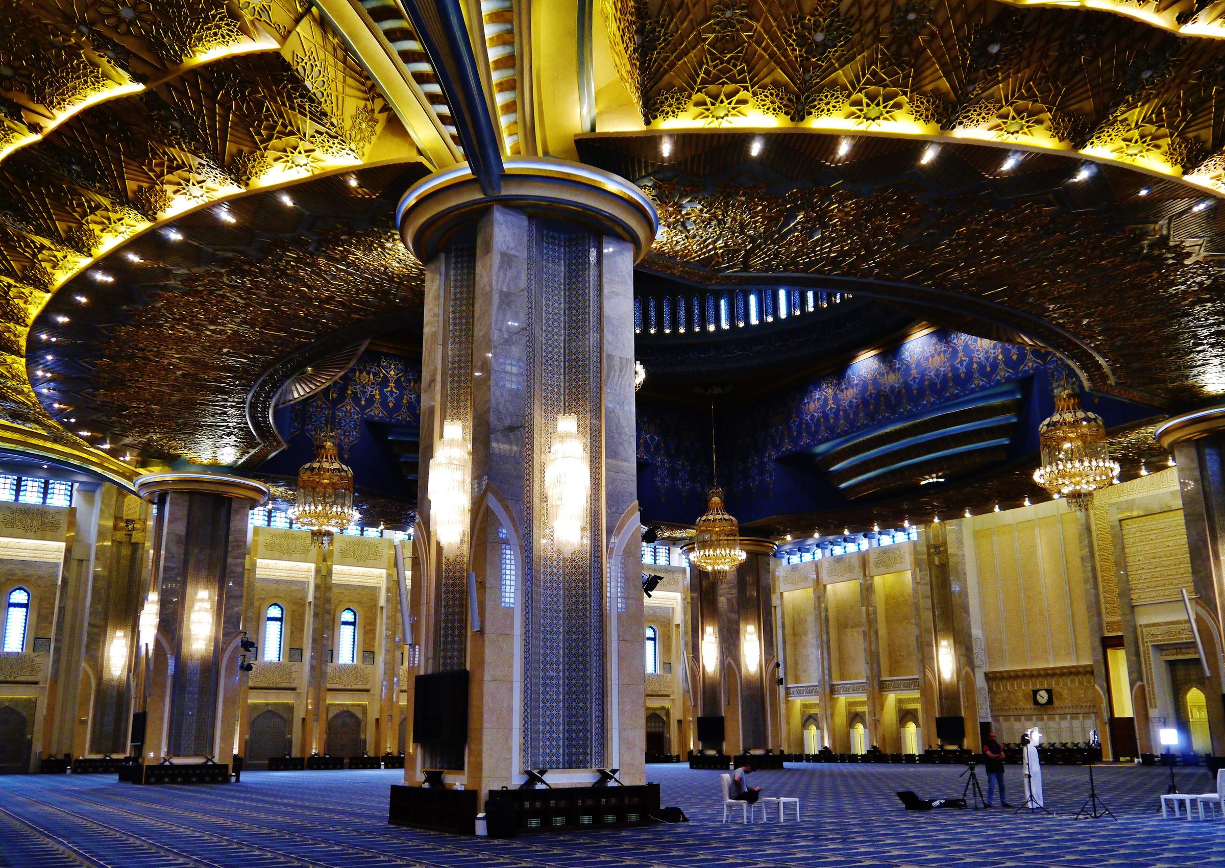Ornate prayer hall and ceiling inside the Grand Mosque of Kuwait