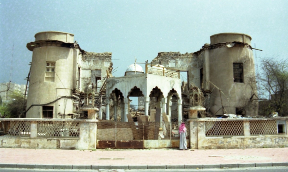 A Kuwait City building damaged during the Iraqi occupation, photographed after liberation in 1991