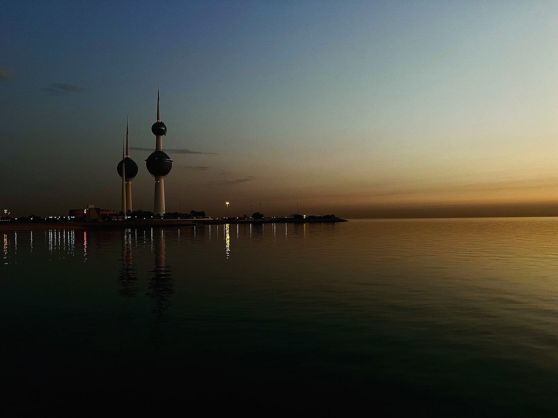 Kuwait Towers rising over the Arabian Gulf at sunset