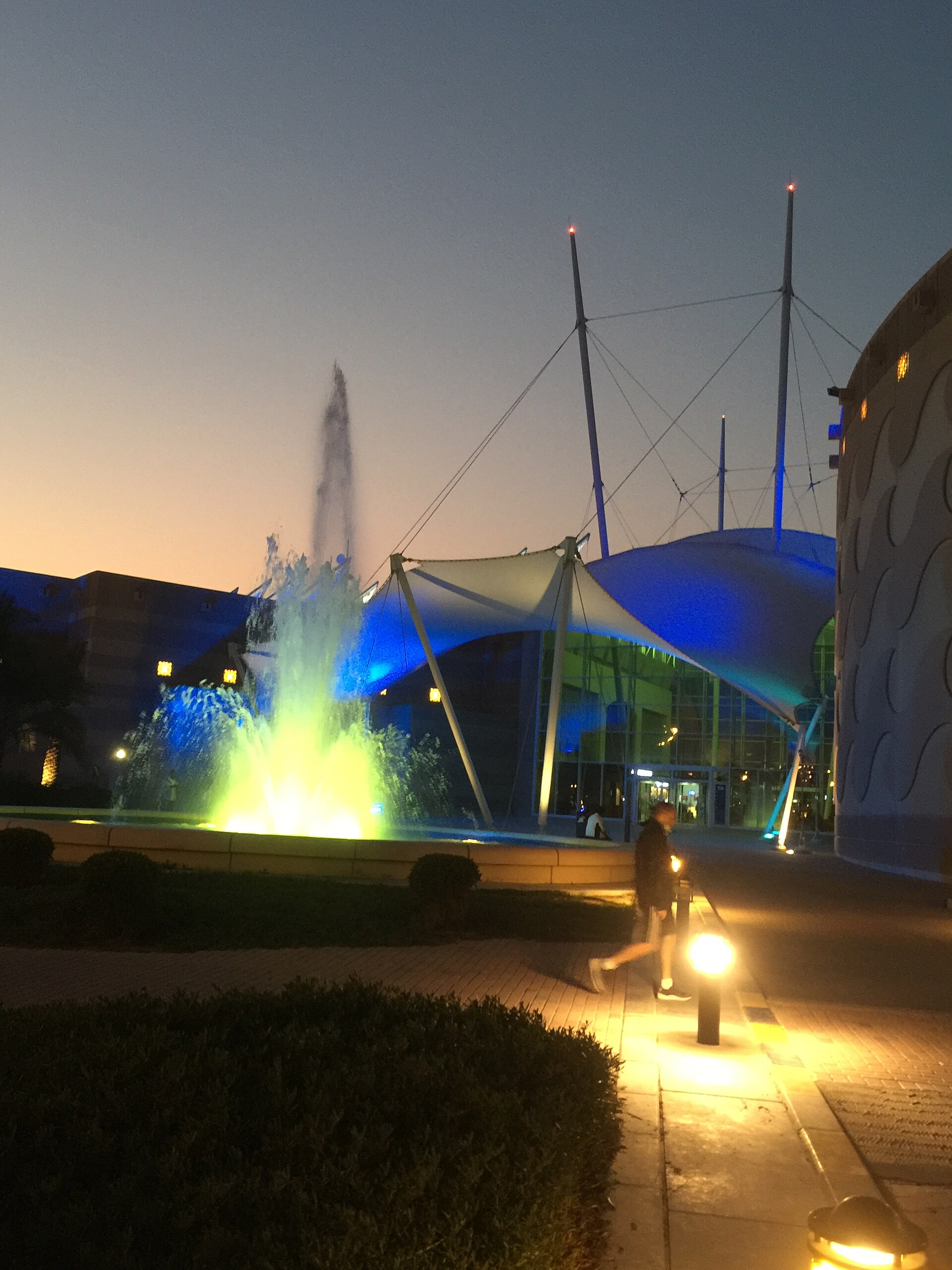 Night entrance and fountain at The Scientific Center